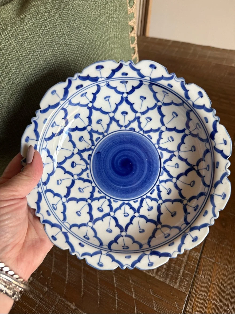 Vintage Thai Blue and White Pineapple Pattern Scalloped Ceramic Serving Bowl